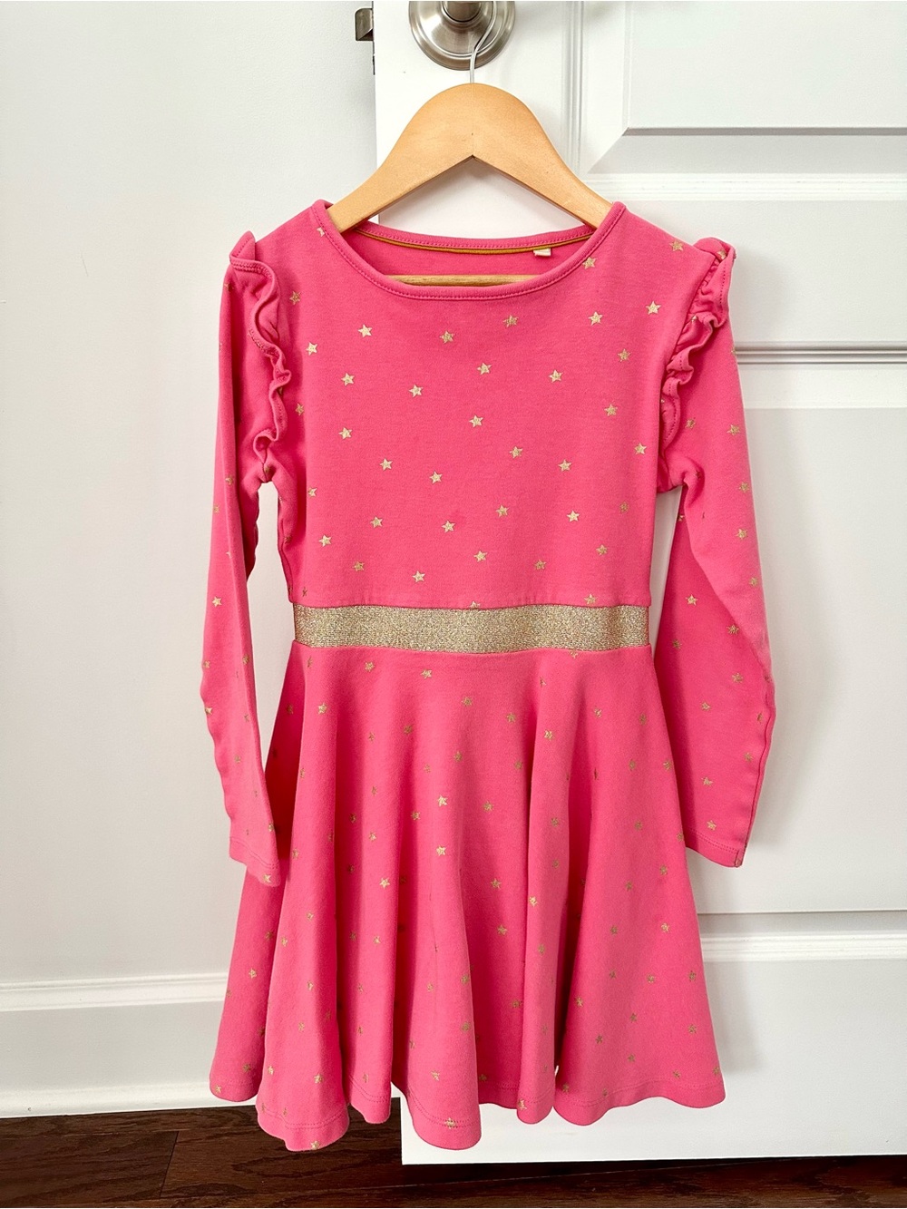 Mini Boden Girls' Mabel Twirly Dress - Pink Star Print with Gold Waistband